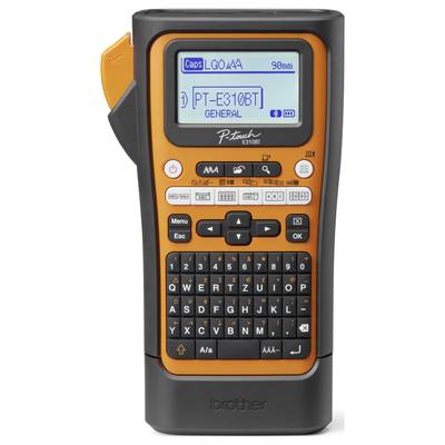 Handheld Beschriftungsgerät mit QWERTZ-Tastatur und Display, zeigt Text 'LGO AAA' und 'PT-E310BT GENERAL'. Geeignet für Etikettenerstellung.