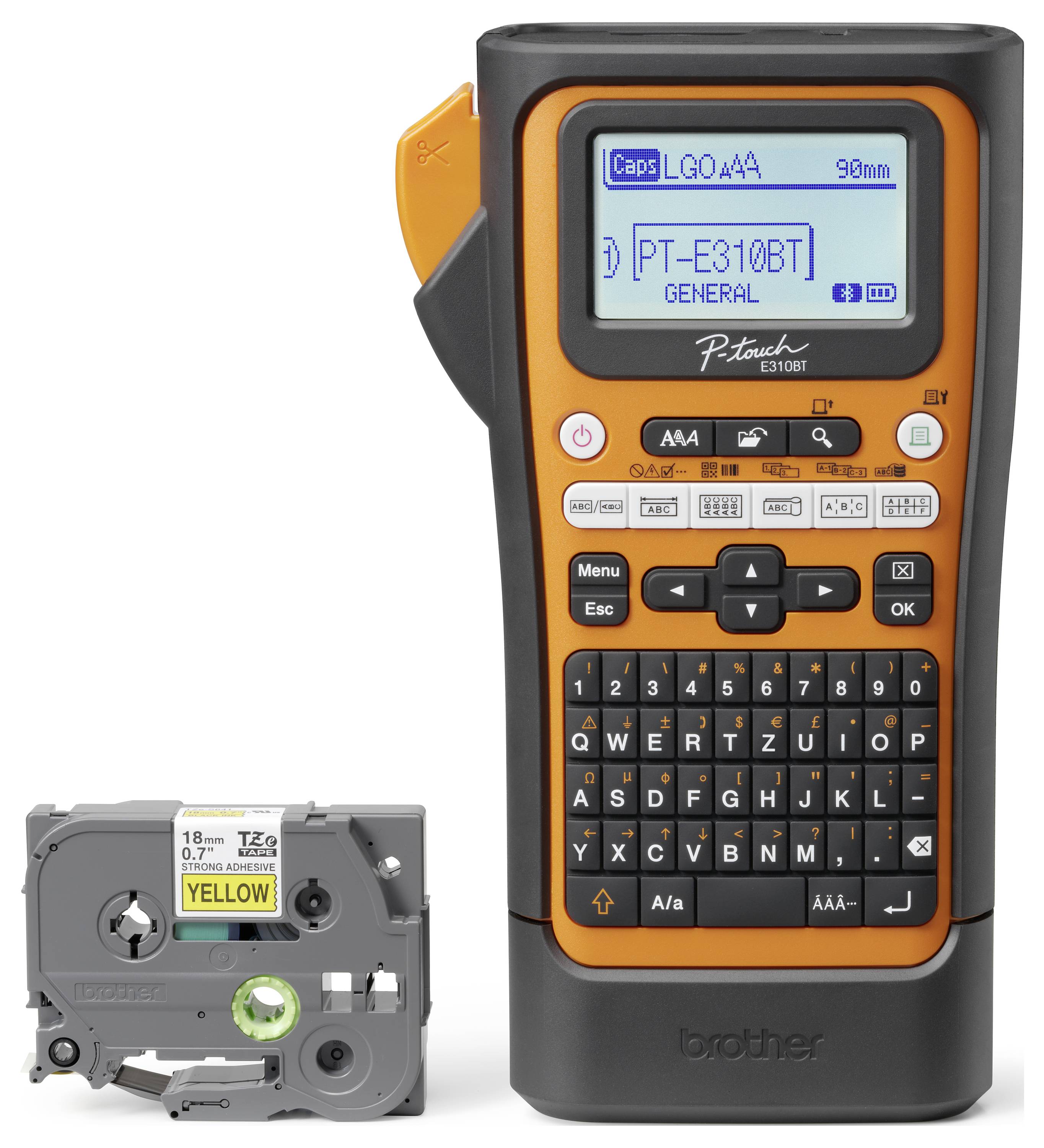 'Brother P-touch E310BT' Beschriftungsgerät mit Tastatur und Display zeigt Etikett 'PT-E310BT GENERAL'. Etikettenkassette daneben.