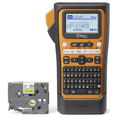 'Brother P-touch E310BT' Beschriftungsgerät mit Tastatur und Display zeigt Etikett 'PT-E310BT GENERAL'. Etikettenkassette daneben.