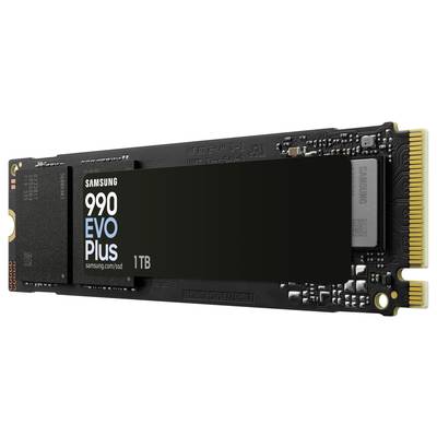 Eine Samsung 990 EVO Plus SSD mit 1 TB Speicher, M.2-Formfaktor, primär schwarz mit goldfarbenem Anschluss, zur Datenlagerung.