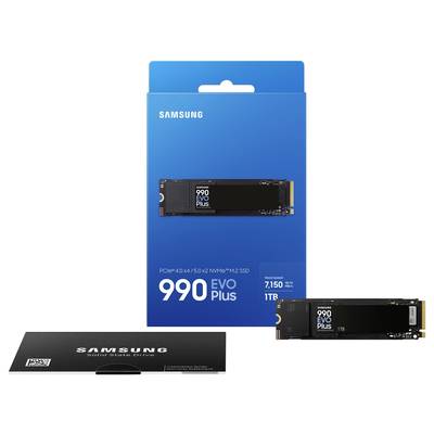 Das Bild zeigt eine Samsung 990 EVO Plus SSD mit 1 TB, präsentiert in einer blauen Verpackung. Geschwindigkeit bis zu 7.150 MB/s.