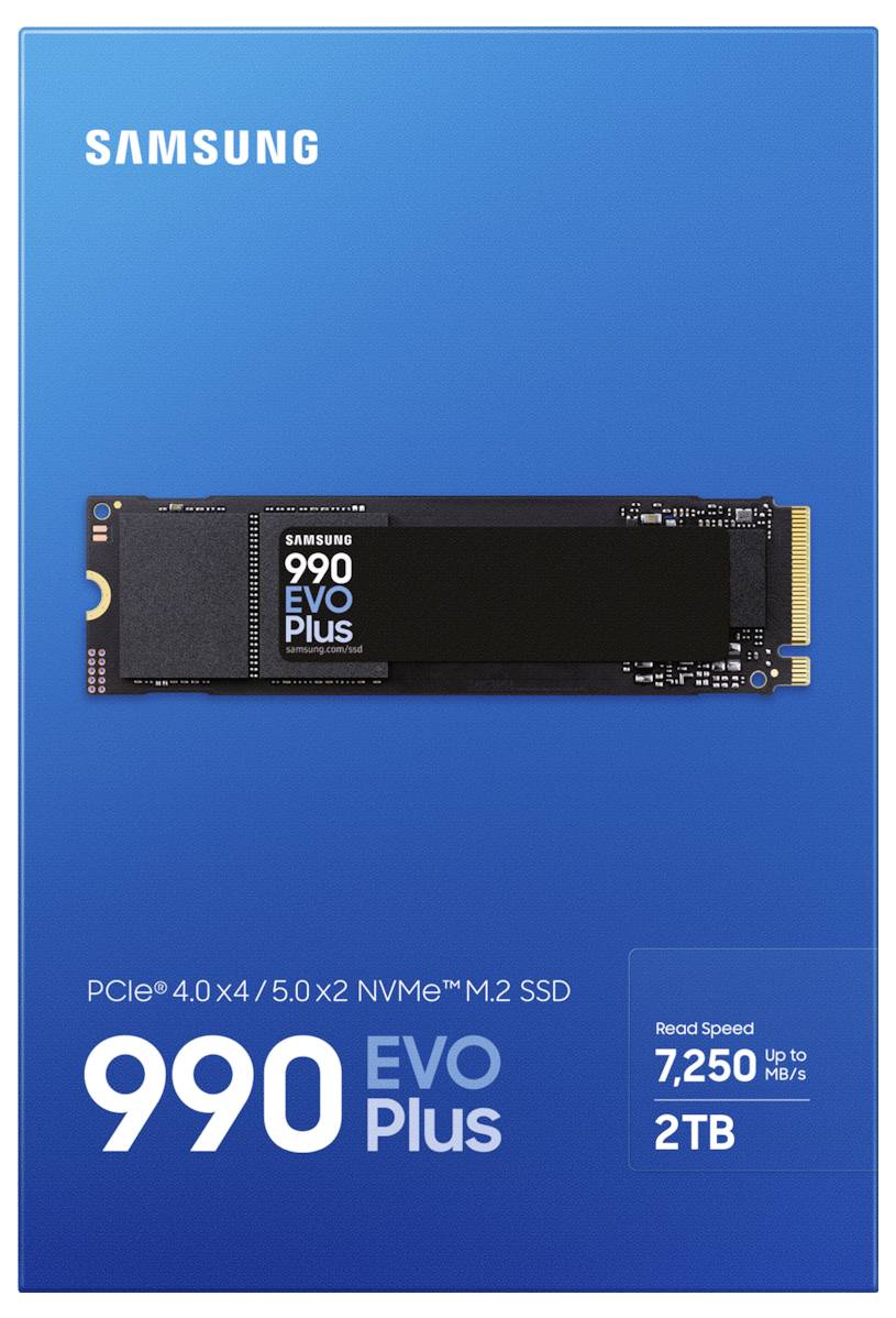 'Samsung 990 EVO Plus NVMe SSD, PCIe 4.0 x4, 2 TB, Lesegeschwindigkeit bis zu 7.250 MB/s, M.2-Format.'