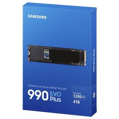 Die Verpackung einer Samsung 990 EVO Plus NVMe M.2 SSD mit 4 TB Speicher und einer Lesegeschwindigkeit von bis zu 7.250 MB/s.