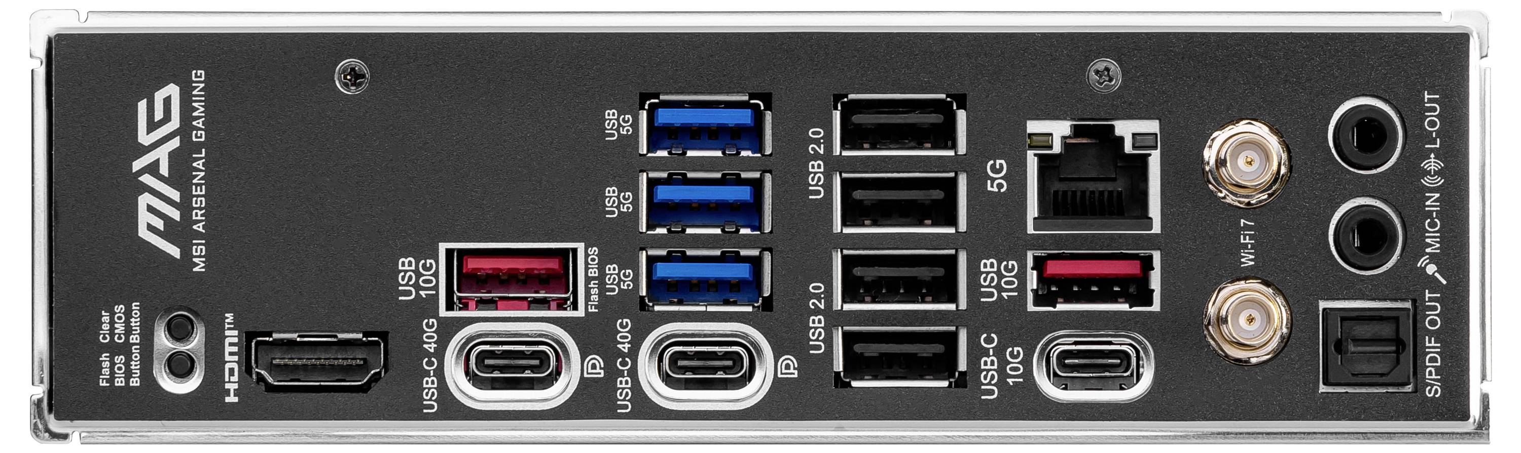 Rückseite eines Computer-Mainboards mit USB-Ports, HDMI-Anschluss, Ethernet-Anschluss, Audio-Ausgängen und weiteren Schnittstellen.