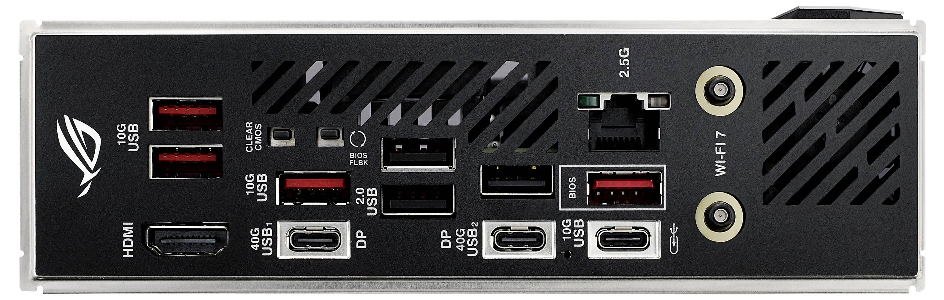 Rückseite eines Computer-Motherboards mit verschiedenen Anschlüssen: HDMI, USB-Anschlüsse, DisplayPort, Ethernet, USB-C und Wi-Fi.