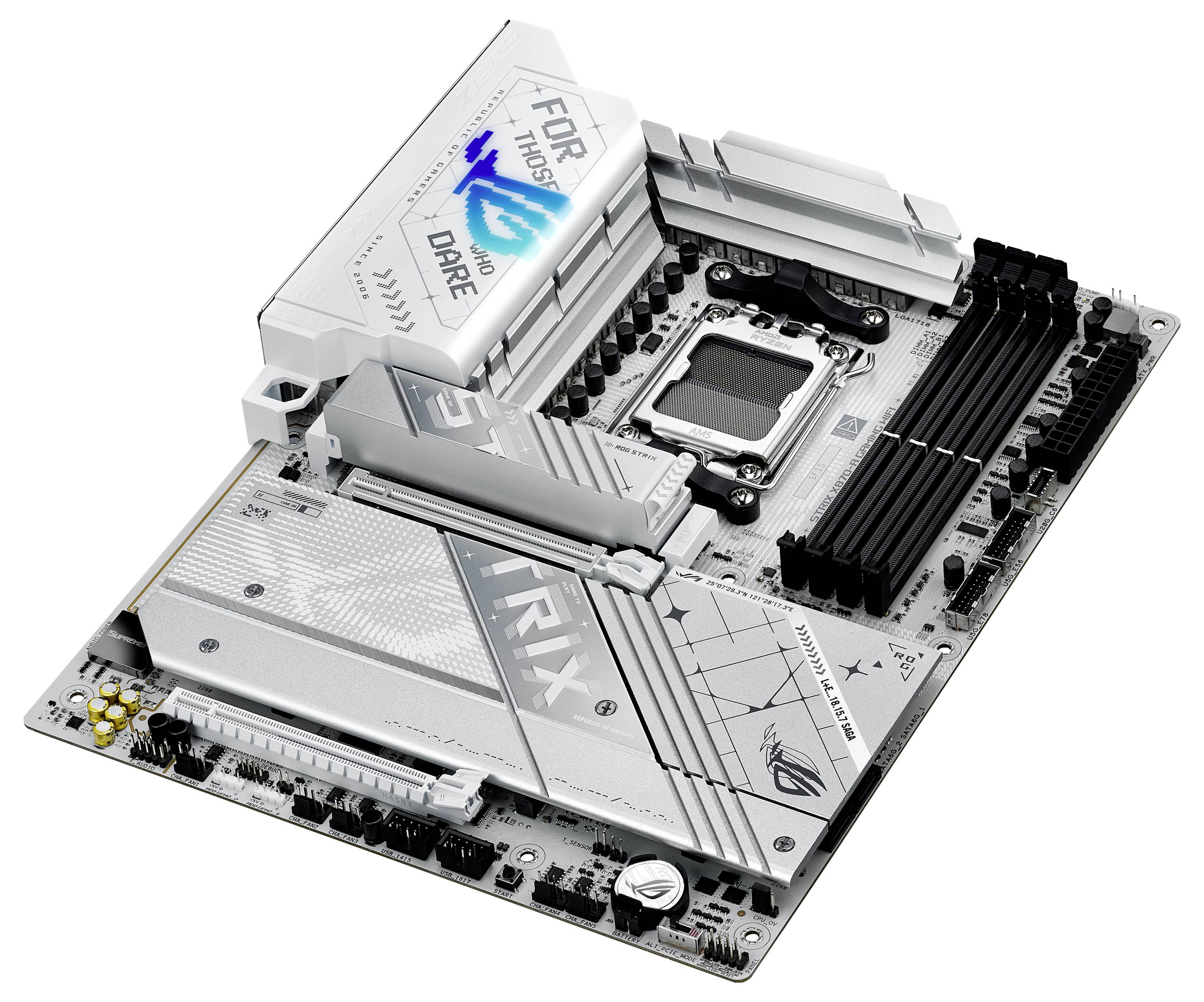 Graue Computer-Mainboard-Platine mit mehreren Anschlüssen, RAM-Steckplätzen und einem Prozessorsockel, designed für hohe Leistung.