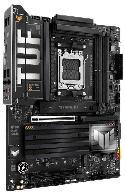 Schwarzes Motherboard mit 'TUF Gaming'-Logo, sichtbar sind diverse technologische Komponenten und Anschlüsse für Computerhardware.