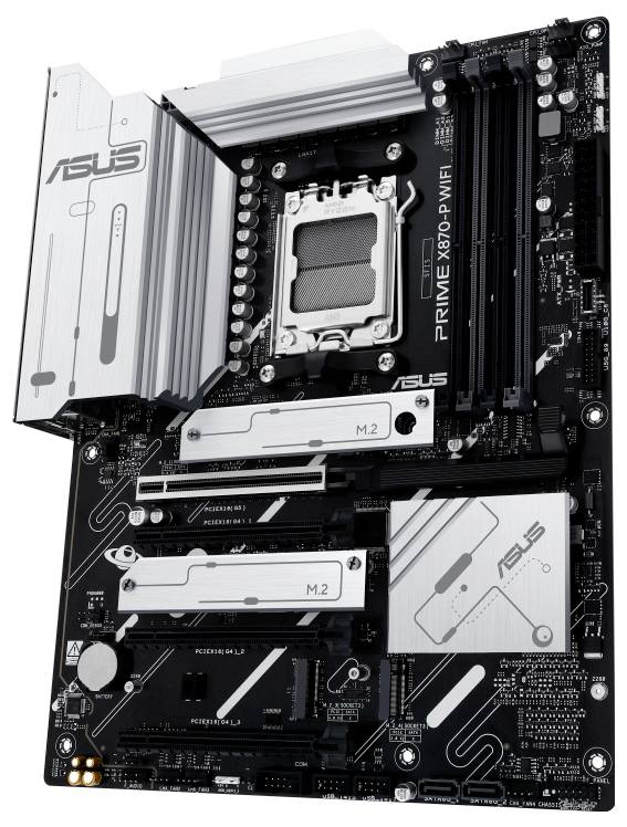 Ein Computer-Mainboard mit verschiedenen Anschlüssen und Steckplätzen, einschließlich CPU-Sockel und RAM-Slots, von ASUS.