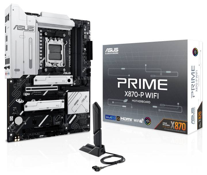 Ein ASUS PRIME X870-P WIFI Mainboard, gezeigt mit Verpackung und Antenne. Unterstützt Ryzen-Prozessoren, PCIe 4.0, HDMI, WIFI 6.