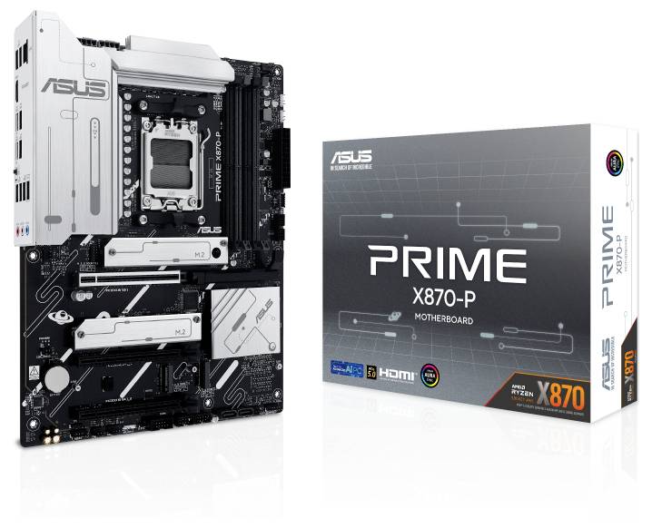 Hauptplatine ASUS PRIME X870-P mit Verpackung. Die Platine zeigt Steckplätze und Anschlüsse. Verpackung mit Modellname und Logo.