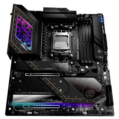 'Schwarzes ASRock TAICHI X670E Mainboard mit futuristischen Designs, integriertem LED-Display und beschrifteten Komponenten.'