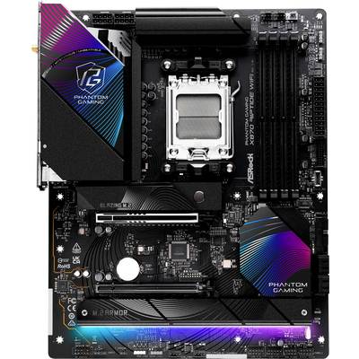 'ASRock Phantom Gaming X570 ITX/TB3 WiFi Motherboard' mit PCIe-Steckplätzen, RAM-Sockeln und RGB-Beleuchtung.