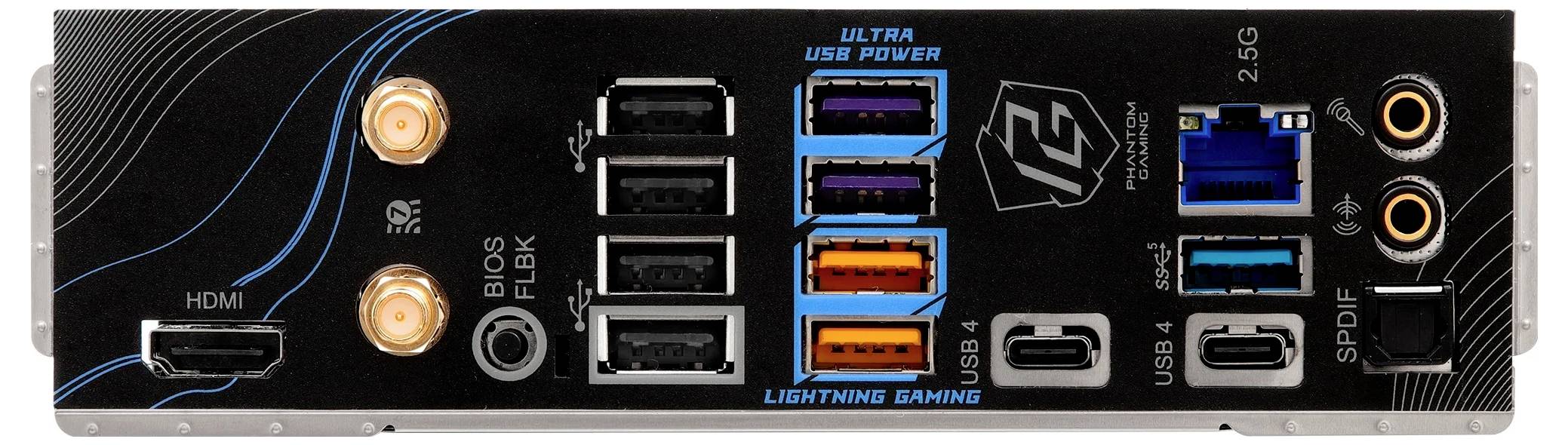 Rückansicht eines Computer-Mainboards mit verschiedenen Anschlüssen, darunter HDMI, USB, Ethernet und Audio. Text: 'ULTRA USB POWER'.