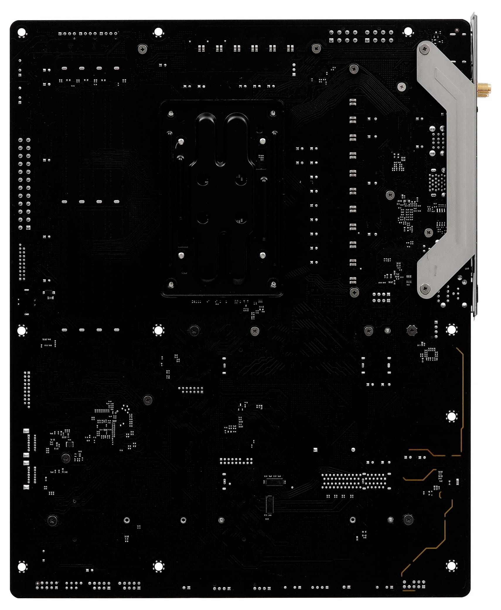 Die Rückseite einer schwarzen Computer-Mainboard-Platine mit verschiedenen elektrischen Schaltungen und Anschlüssen.