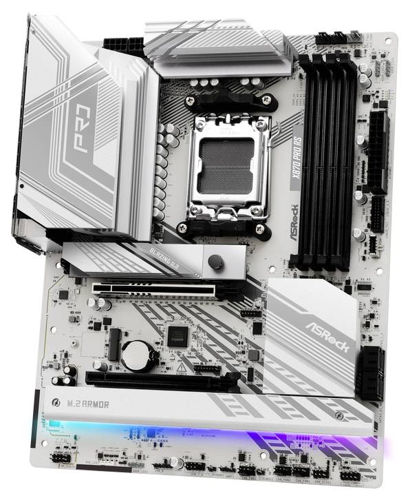 Eine weiß-graue Computer-Motherboard-Platine von ASRock mit mehreren Steckplätzen, Anschlüssen und einer markanten Kühlkörperabdeckung.
