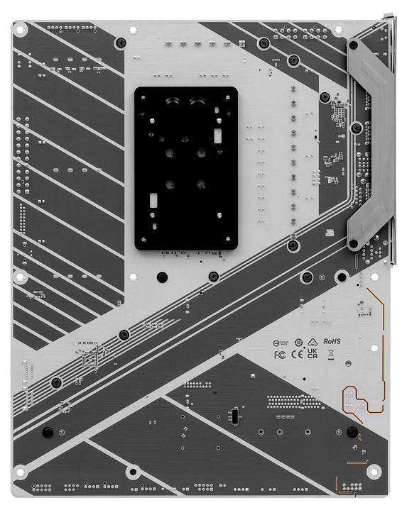 Rückseite einer Computer-Mainboard-Platine mit auffälligen Linien und Anschlüssen, dargestellt in Grau und Schwarz.