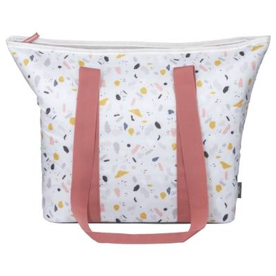 Eine weiße Tasche mit buntem Sprenkelmuster und zwei roten Trägern.