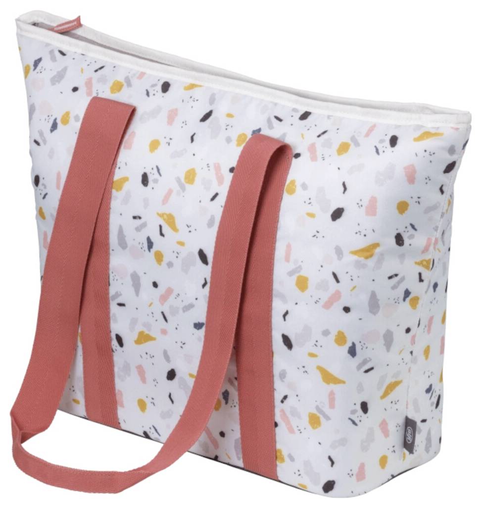 Weiße Tasche mit orangefarbenen Griffen und buntem, gesprenkeltem Muster.