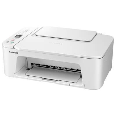 Canon PIXMA Drucker in Weiß, Tischmodell mit Scan- und Kopiefunktion. Bedienfeld oben links mit Tasten und Display.