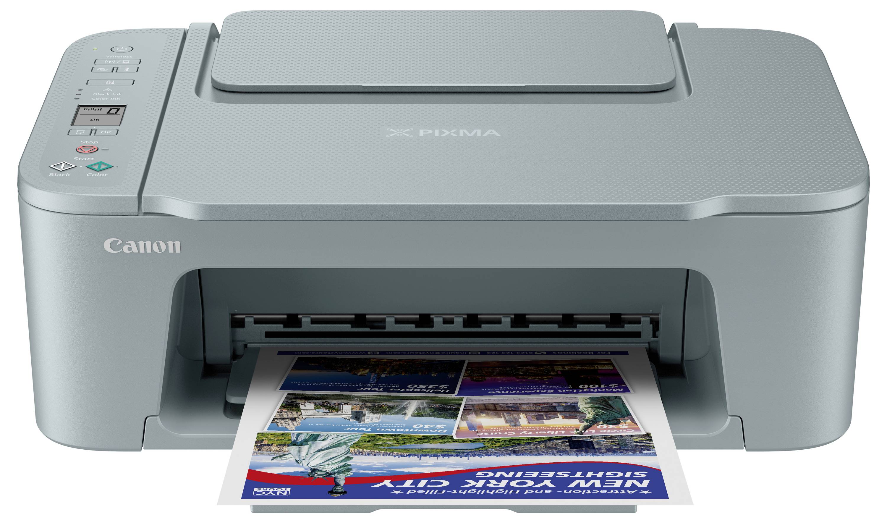 Ein Drucker mit einem gedruckten Dokument, das Fotos und Text über New York City zeigt, wird aus dem Ausgabefach herausgeführt.