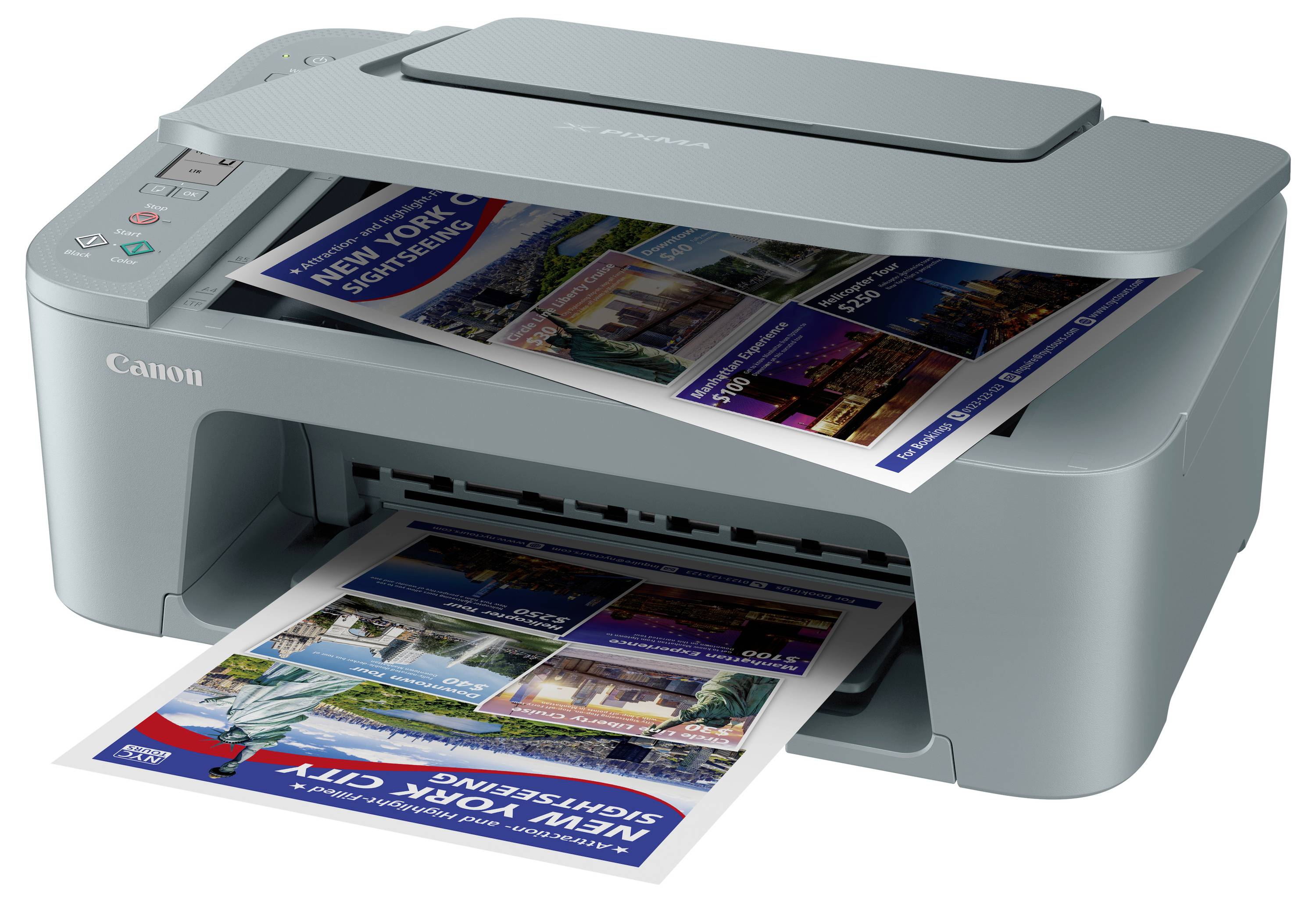 Ein grauer Drucker von Canon, der farbige Dokumente mit Bildern von New York City ausdruckt.