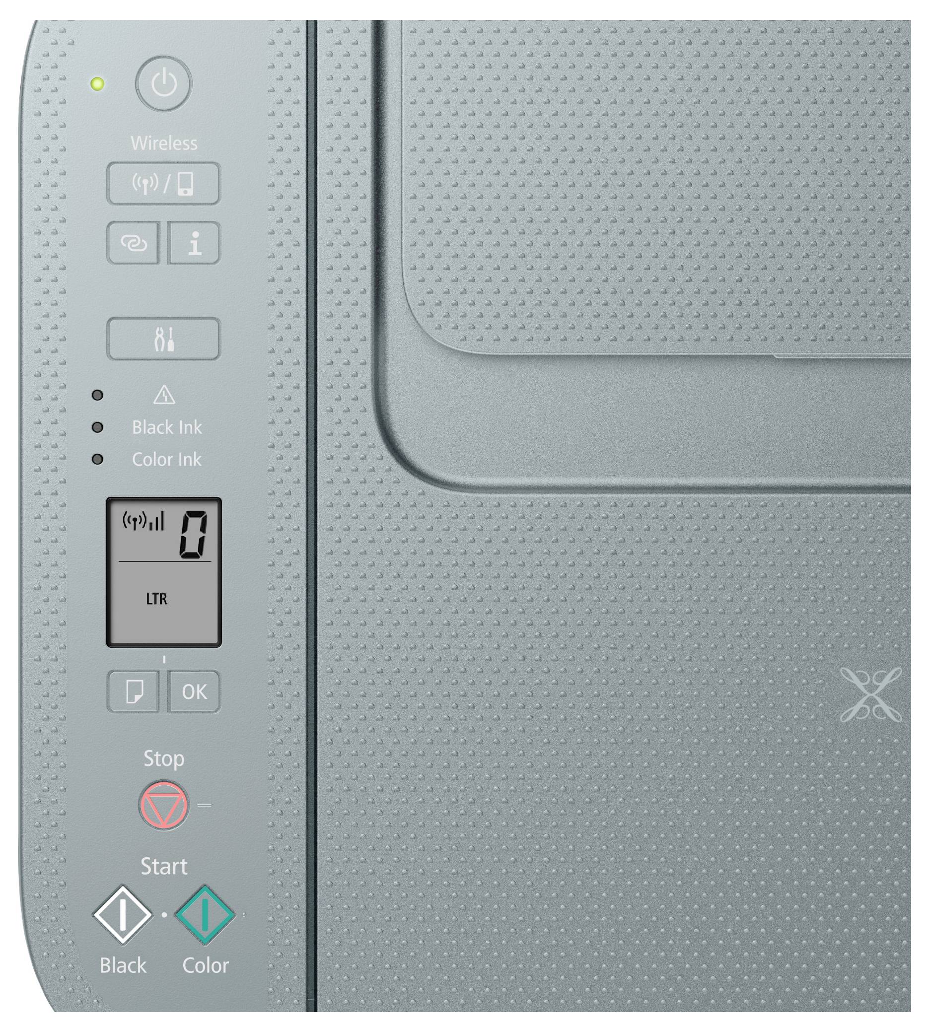 Druckerbedienfeld mit Tasten für 'Drahtlos', 'Stopp', 'Start', Anzeige für Tintenstand, und kleine Anzeige mit dem Symbol '0'.