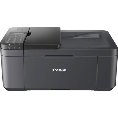Schwarz-grauer Canon-Drucker mit Scan- und Kopierfunktion, Tastenfeld oben links, Markenlogo in der Mitte der Vorderseite.