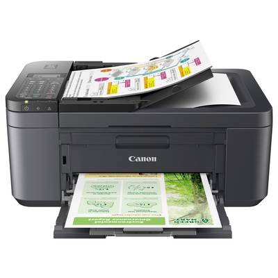 Ein Multifunktionsdrucker druckt ein farbiges Dokument aus. Auf der Oberseite des Druckers werden weitere Seiten eingezogen.