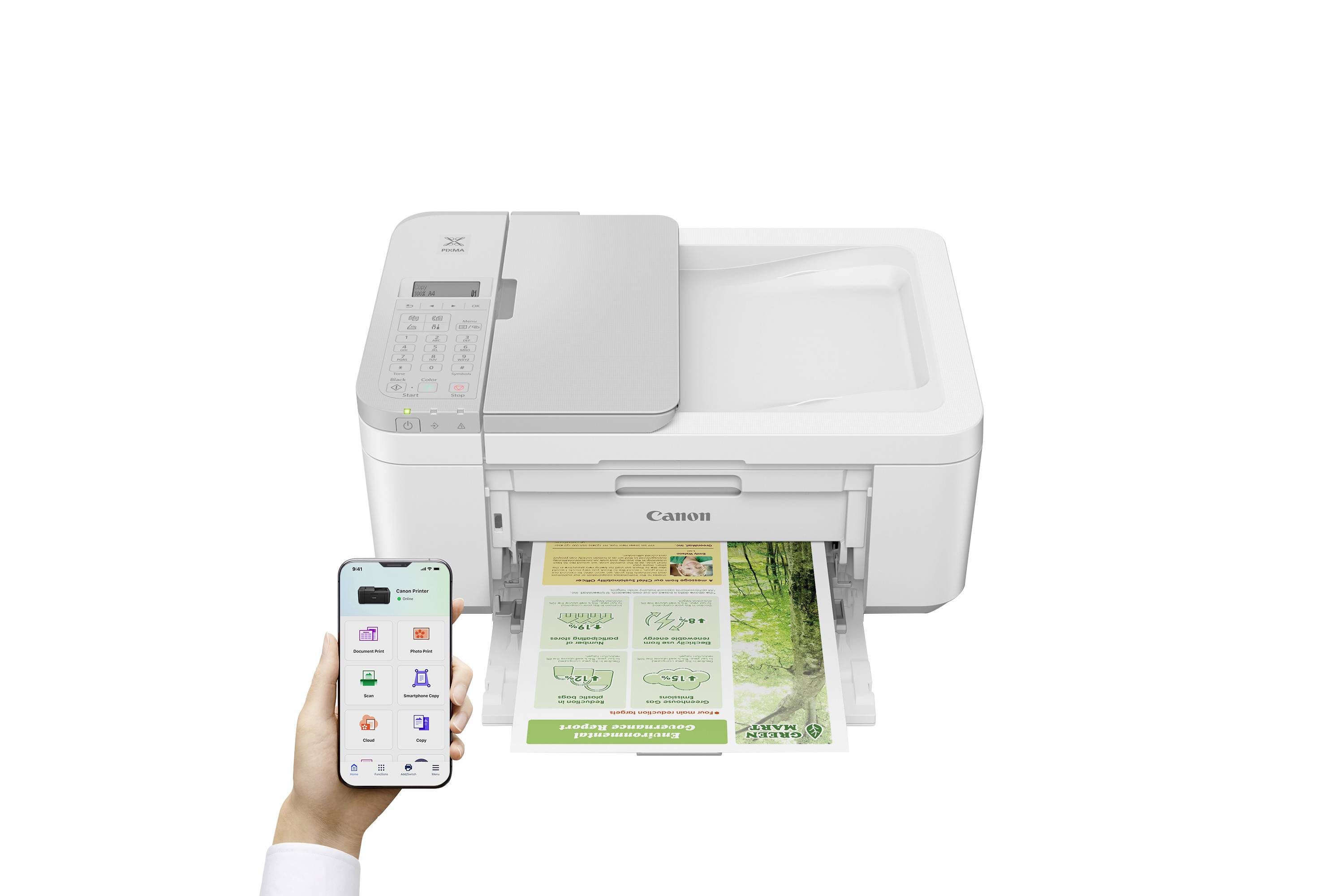 Ein Drucker mit Smartphone-Bedienung wird gezeigt. Auf dem Handy sind Druckoptionen sichtbar, während der Drucker ein Dokument druckt.
