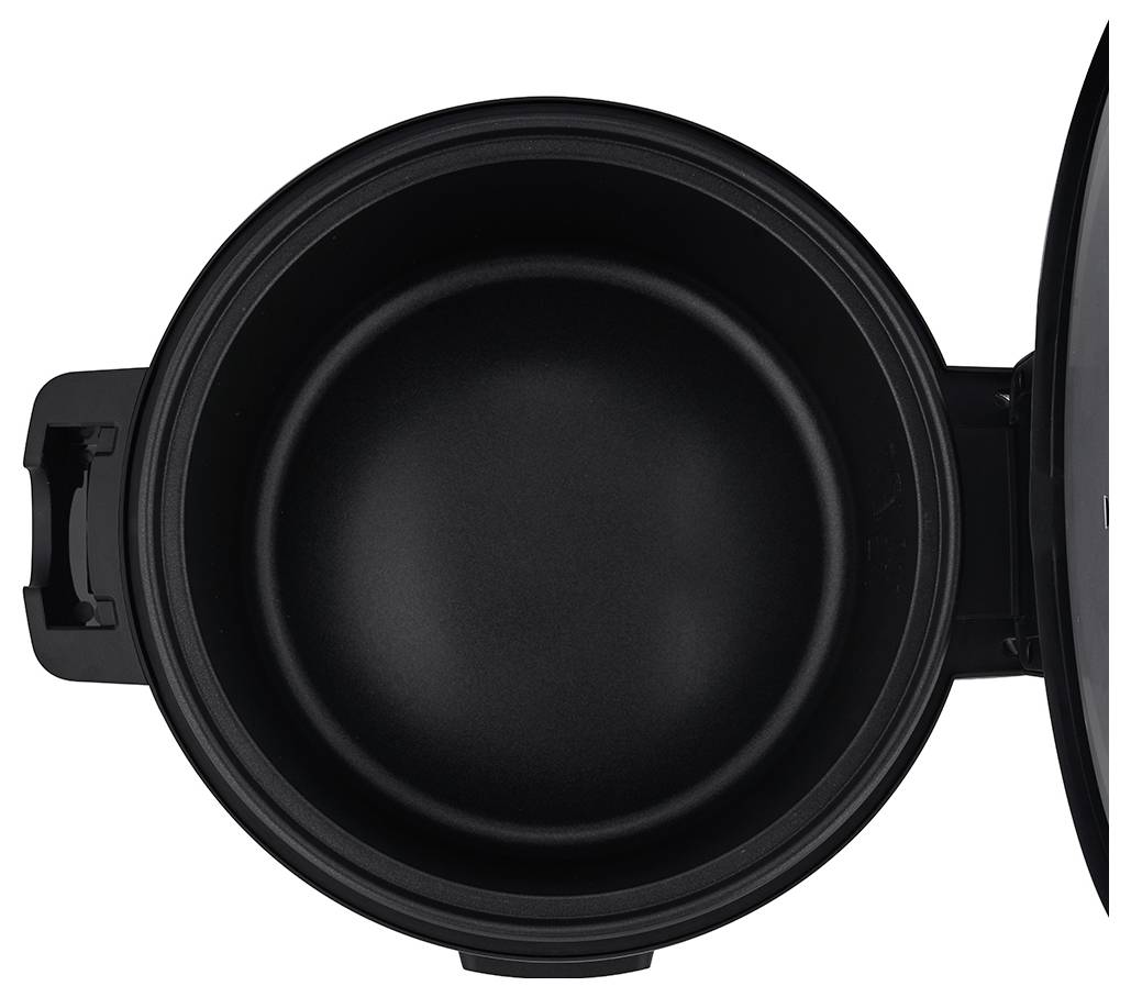 Deckel eines großen schwarzen Topfes offen, zeigt leeren Innenraum. Geeignet für Kochen großer Mengen.