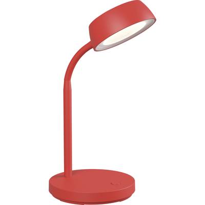 Rote Tischlampe mit rundem Fuß und gebogenem Hals, ausgerichtet, um nach unten zu leuchten. Schlichtes, modernes Design.
