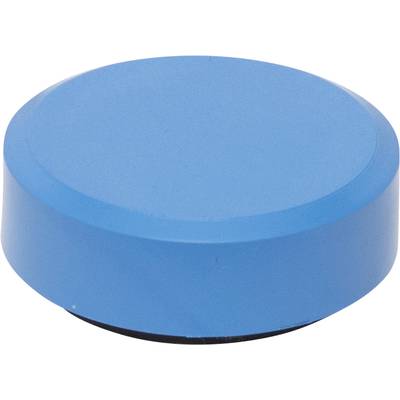 Blauer runder Plastikknopf auf weißem Hintergrund.