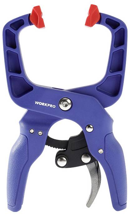Blauer Federklemmschneider mit roten Spitzen, gebrandet mit 'WORKPRO'. Werkzeug für Handwerk oder Heimwerkerprojekte.