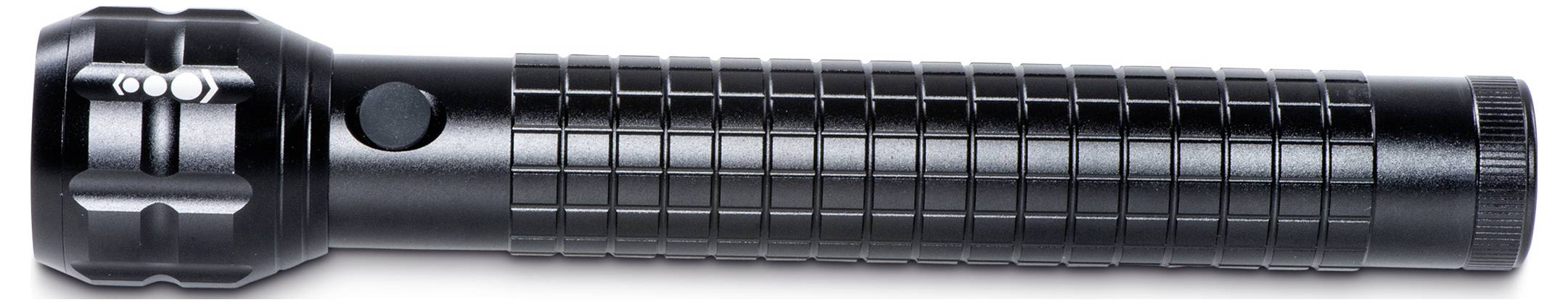 Eine schwarze Taschenlampe mit einem geriffelten Griff liegt horizontal.