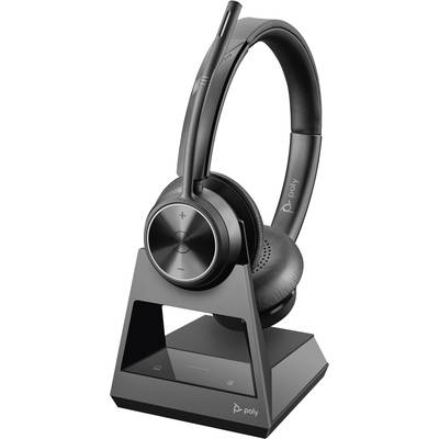 Kabelloses Headset mit Mikrofon, aufrecht stehend auf einer Ladestation. Geeignet für professionelle Telefonate und Videokonferenzen.