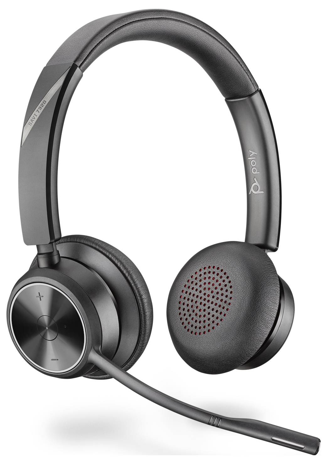 Schwarzes kabelloses Headset mit einem Mikrofonarm, gepolsterten Ohrmuscheln und Bedienelementen an der linken Ohrmuschel.