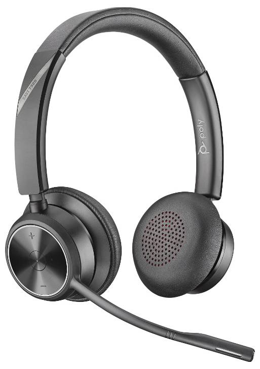 Ein schwarzes, kabelloses Headset mit Mikrofonarm. Das Headset hat gepolsterte Ohrmuscheln und Bedienelemente zur Lautstärkeregelung.