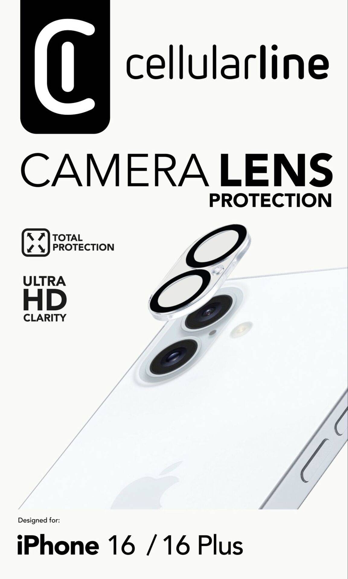 Verpackung einer Kameraobjektiv-Schutzfolie für 'iPhone 16 / 16 Plus' von Cellularline. Enthält zwei Objektivabdeckungen, bietet 'Ultra HD Clarity'.