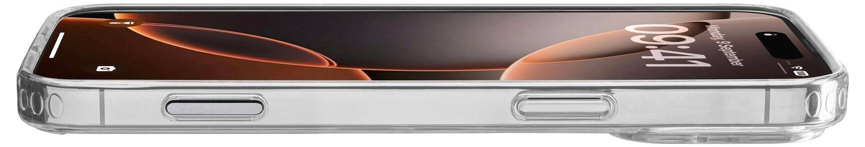 Smartphone in transparenter Hülle, Seitenansicht mit sichtbaren Knöpfen und abgerundetem Design.