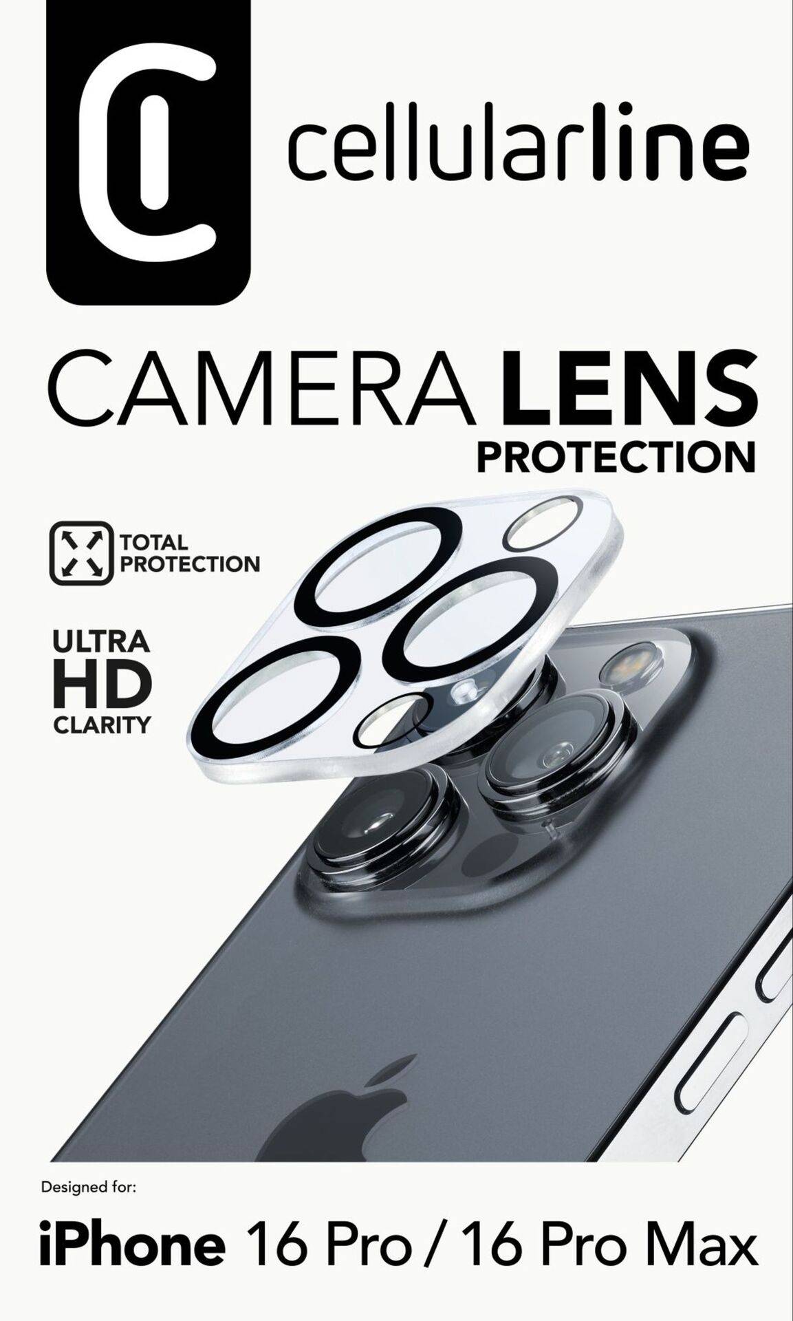 'cellularline' Kameraobjektiv-Schutz für iPhone 16 Pro/16 Pro Max. Totaler Schutz mit Ultra-HD-Klarheit.