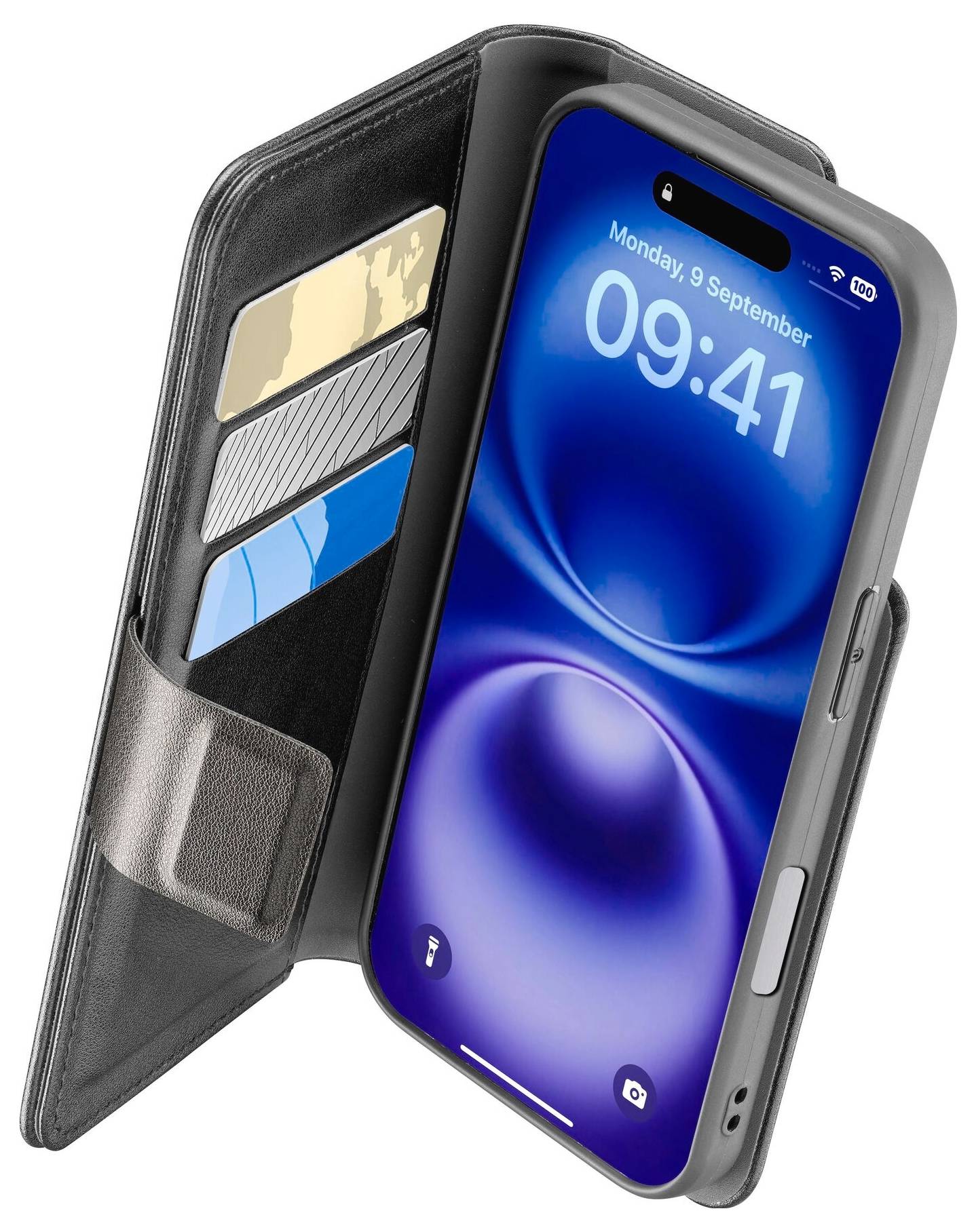 Geöffnetes schwarzes Handy-Etui mit drei Kartenfächern und einem Smartphone, das den Startbildschirm mit Uhrzeit 09:41 zeigt.