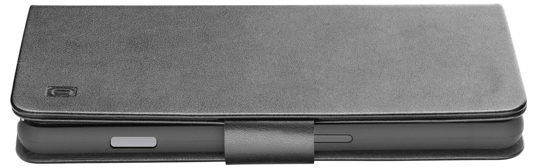 Geschlossene schwarze Handyhülle aus Kunstleder, horizontal liegend, zeigt Seitenansicht mit kleinem Verschlussclip.