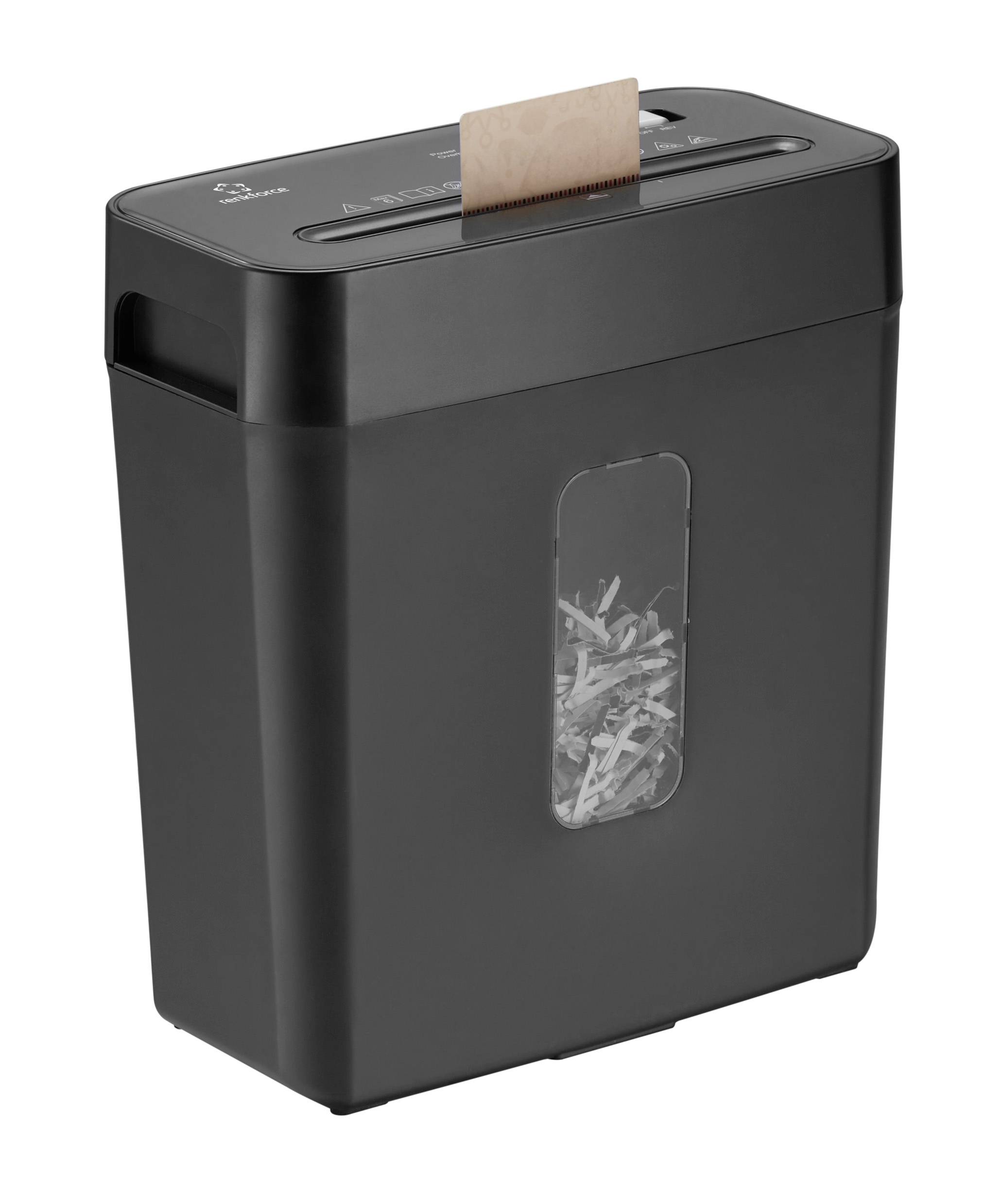 Ein schwarzer Aktenvernichter, der gerade ein Blatt Papier in Streifen zerschneidet. Ein Sichtfenster zeigt geschreddertes Papier.