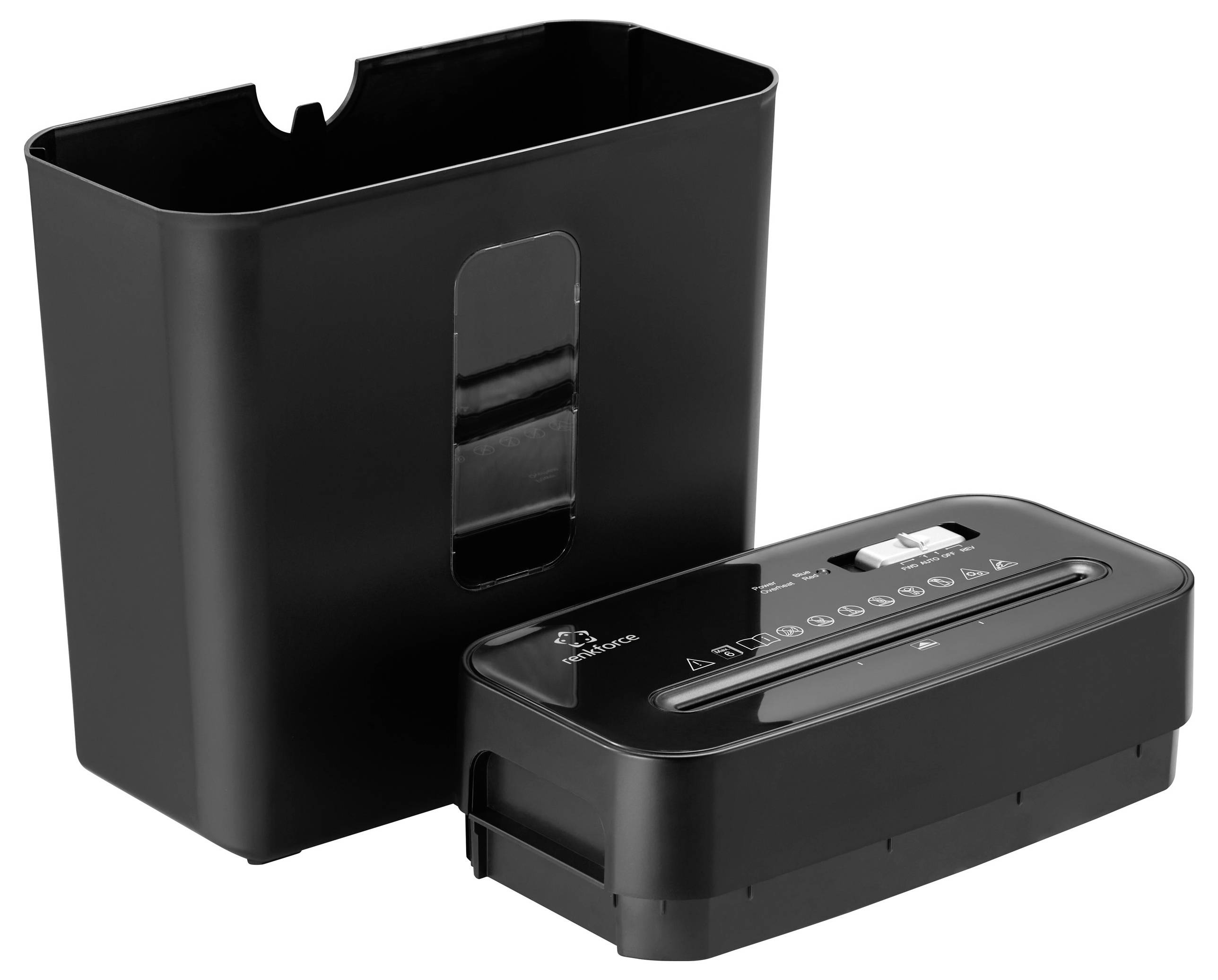 Ein schwarzer Aktenvernichter mit abnehmbarem Auffangbehälter. Der Aktenvernichter zeigt Symbole für Funktionen und Sicherheitswarnungen.