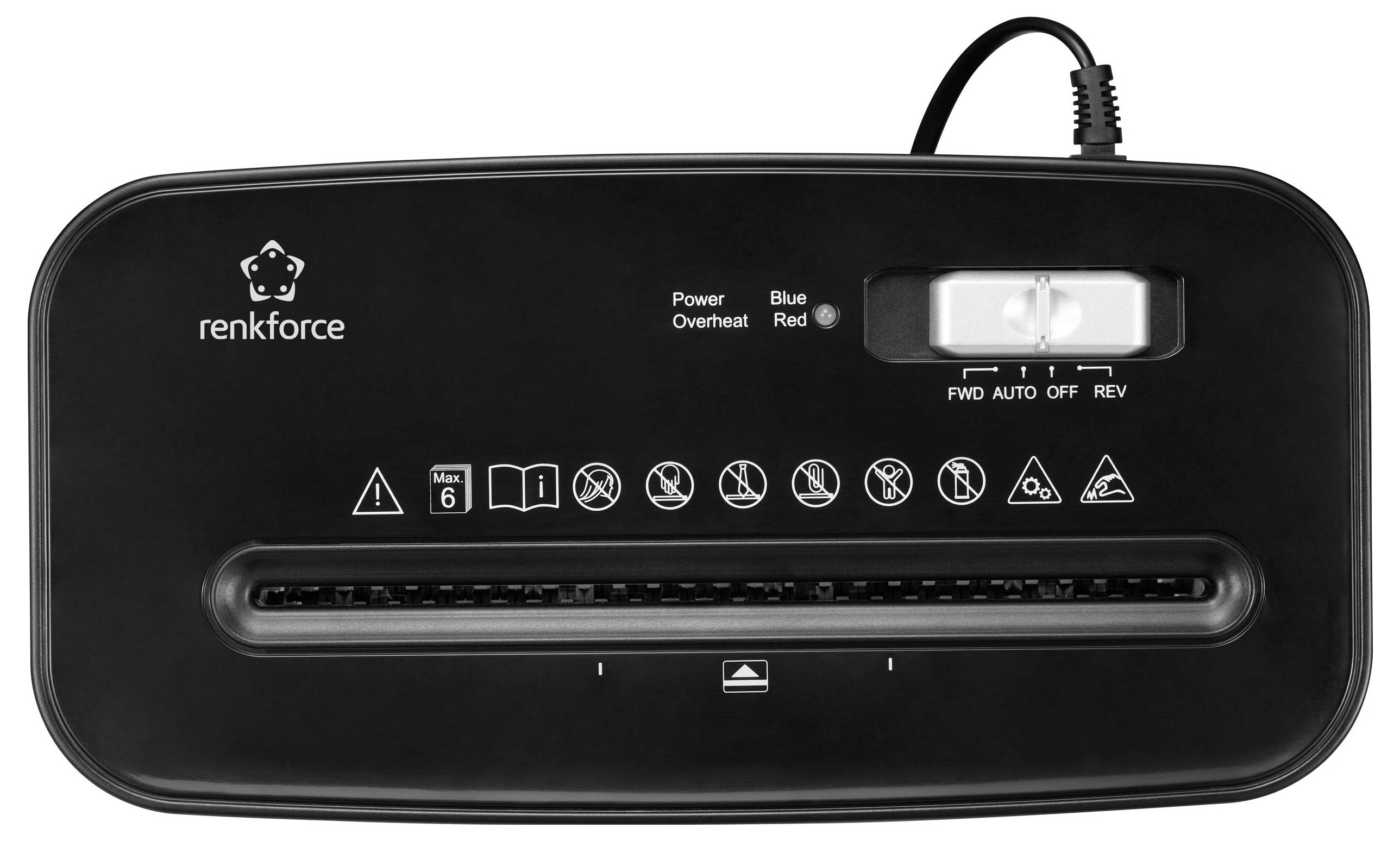 Aktenvernichter mit verschiedenen Symbolen für Sicherheitsstufe, Bedienungsanleitung und Wartungshinweise, schwarzes Gehäuse.