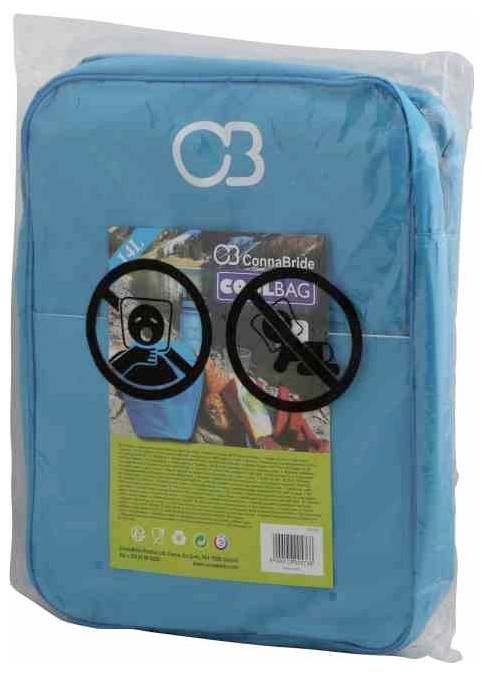 Blauer Packbeutel 'CongaBag' in Plastikverpackung mit Symbolen für nicht faltbar und nicht abfahrbar. Enthält keine weiteren Details.