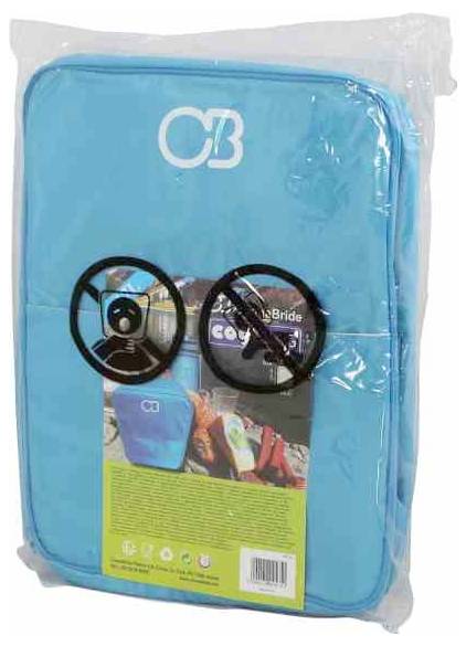 Eine türkisfarbene Autotasche in Plastikverpackung mit zwei runden Sichtfenstern auf der Vorderseite und einem Etikett mit Bild.