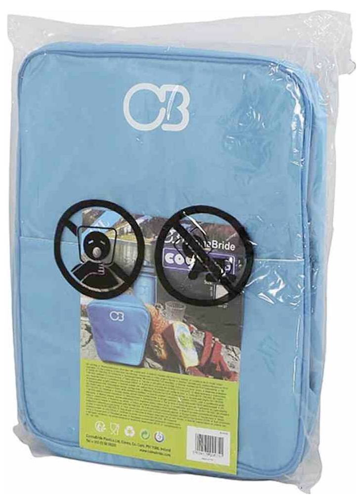 Kühltasche in Blau mit zwei runden Ausschnitten auf der Vorderseite. Enthält ein farbiges Papier mit Bildern und Informationen.
