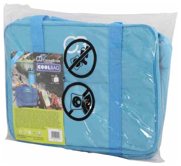 Eine blaue Kühltasche der Marke 'ConnaBride Coolbag' in einer durchsichtigen Verpackung mit Symbolen für 'keine Insekten' und 'keine Glasflaschen'.