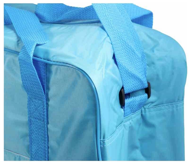 Blaue Tasche mit langen Tragegurten, die eine verstärkte Naht aufweisen. Die Oberfläche wirkt glänzend und wasserabweisend.